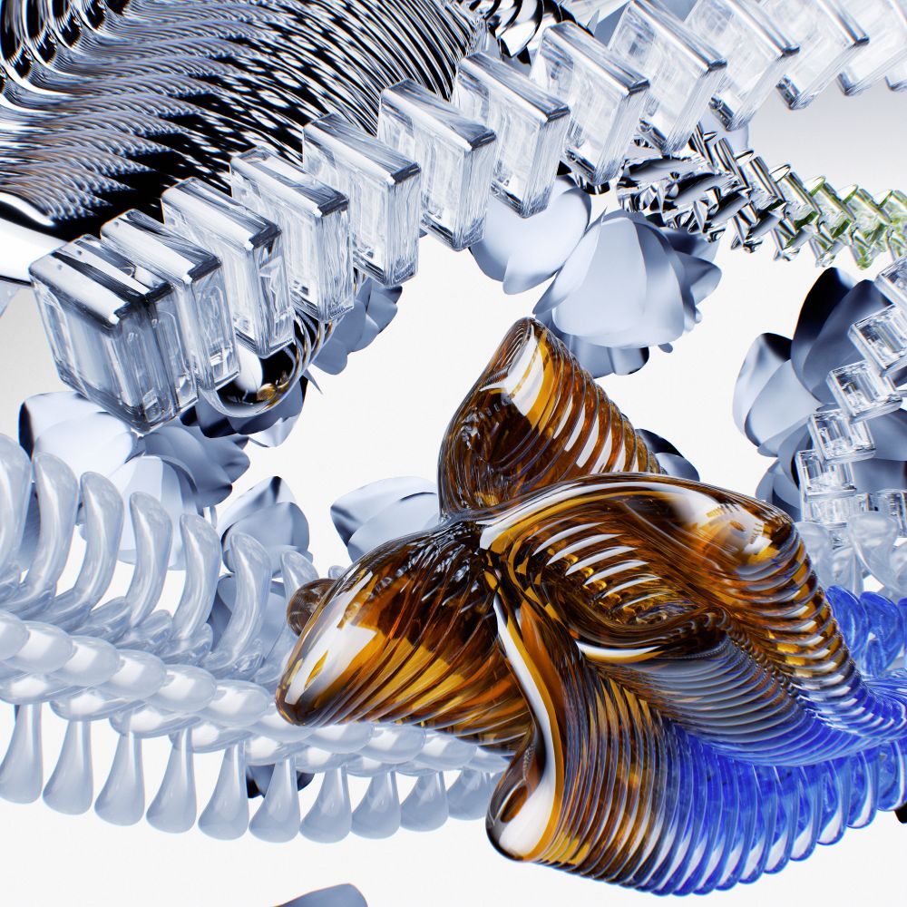 Abstract generative render — amber glass forms